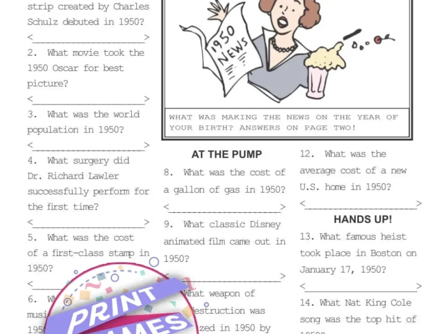 Printable Trivia Of The Year 1950 Print Games Now