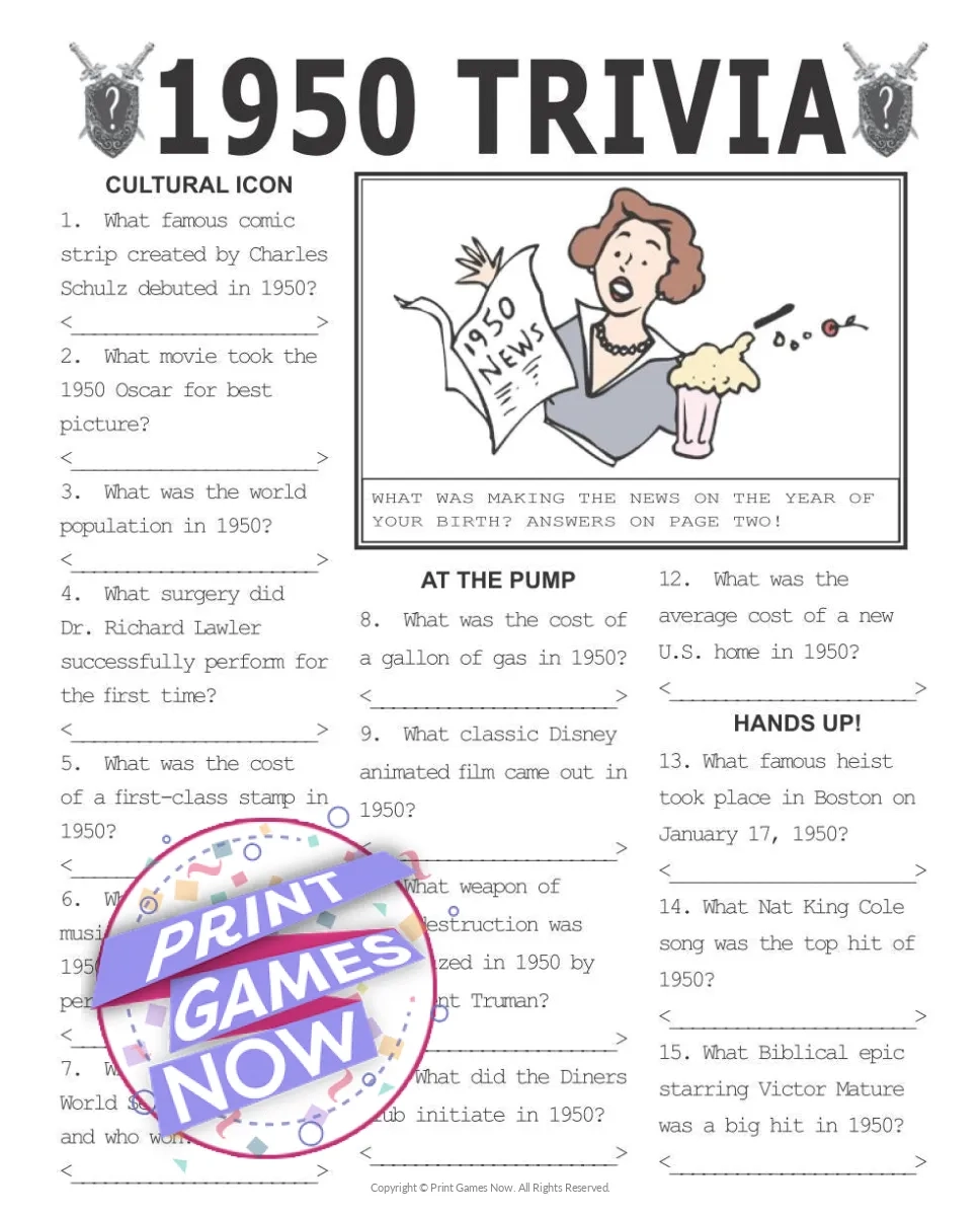 Printable Trivia Of The Year 1950 Print Games Now Printable Trivia Of The Year 1950 Print Games Now
