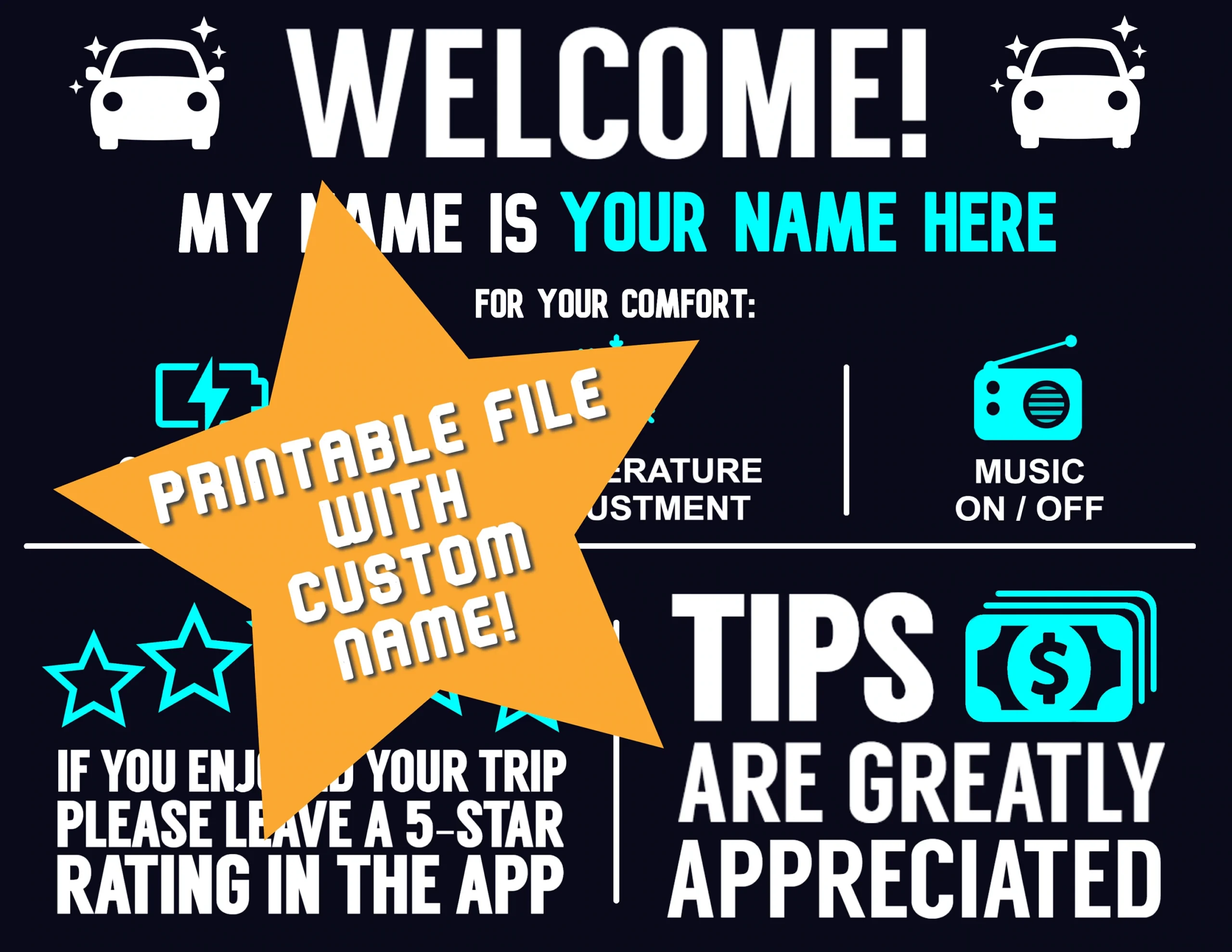 PRINTABLE Uber Tip Sign With Name DIGITAL FILE Etsy