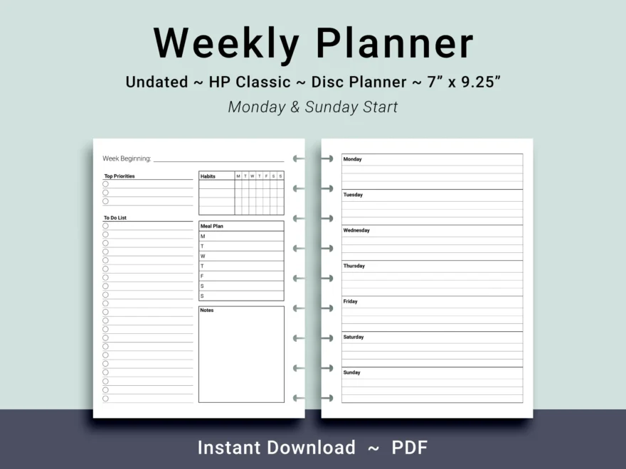 PRINTABLE Undated Horizontal Weekly Planner Inserts For HP Classic Planners Instant Download PDF Sun And Mon Start Planner Refill Pages Etsy