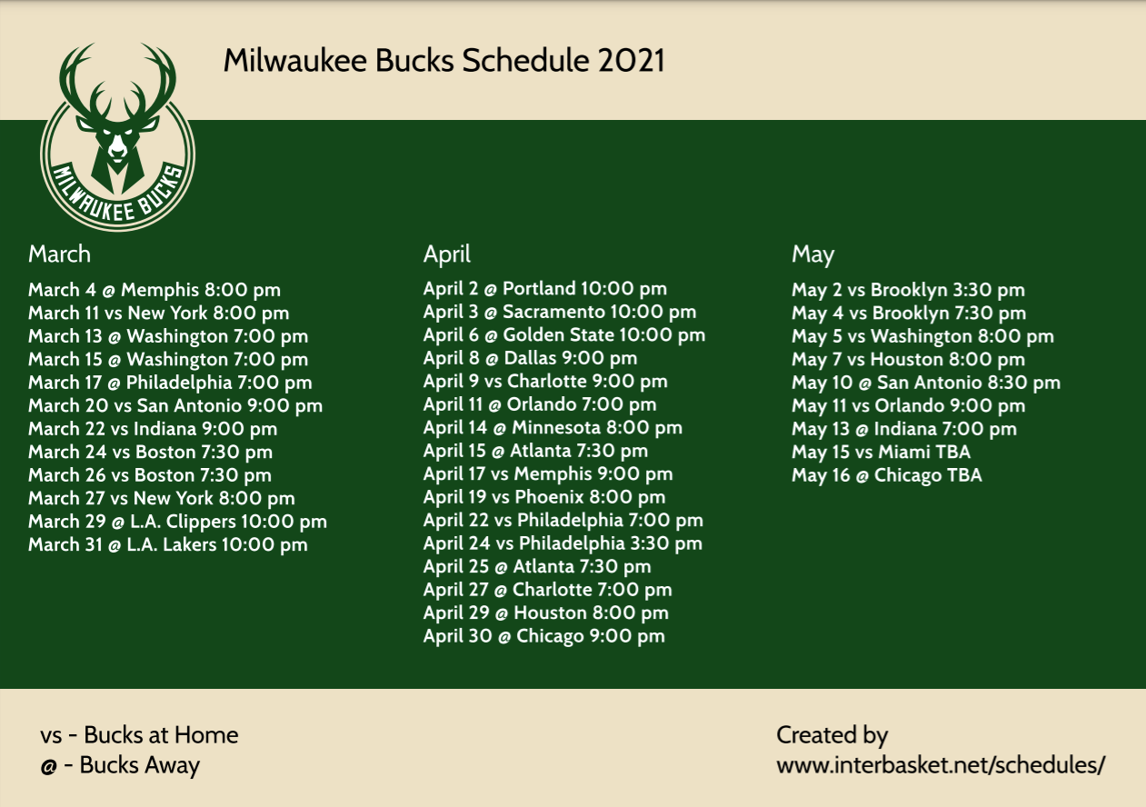 Milwaukee Bucks Printable Schedule