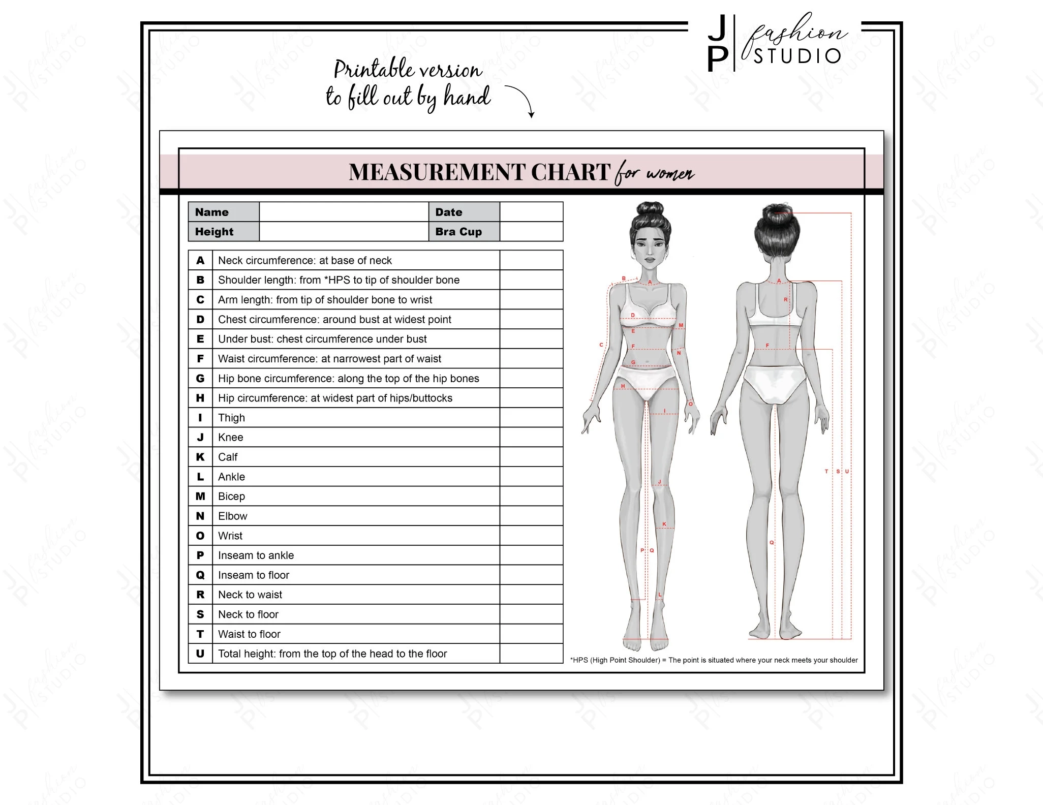 PRINTABLE Women s Body Measurement Sheet Fashion Designer Template Sewing Measurement Sheet PDF JPG Etsy