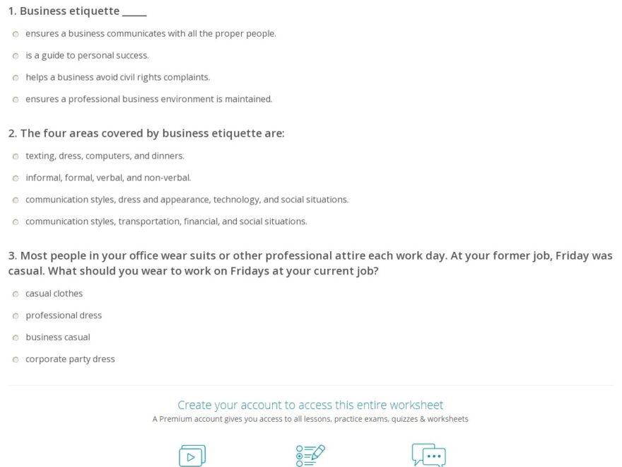 Quiz Worksheet Business Etiquette Study