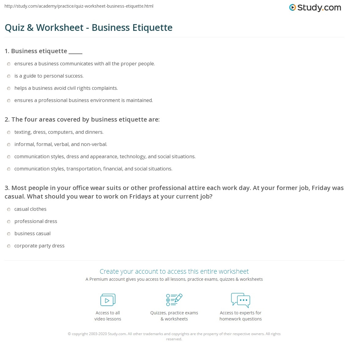 Quiz Worksheet Business Etiquette Study Quiz Worksheet Business Etiquette Study