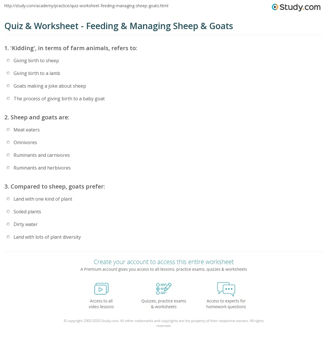 Quiz Worksheet Feeding Managing Sheep Goats Study