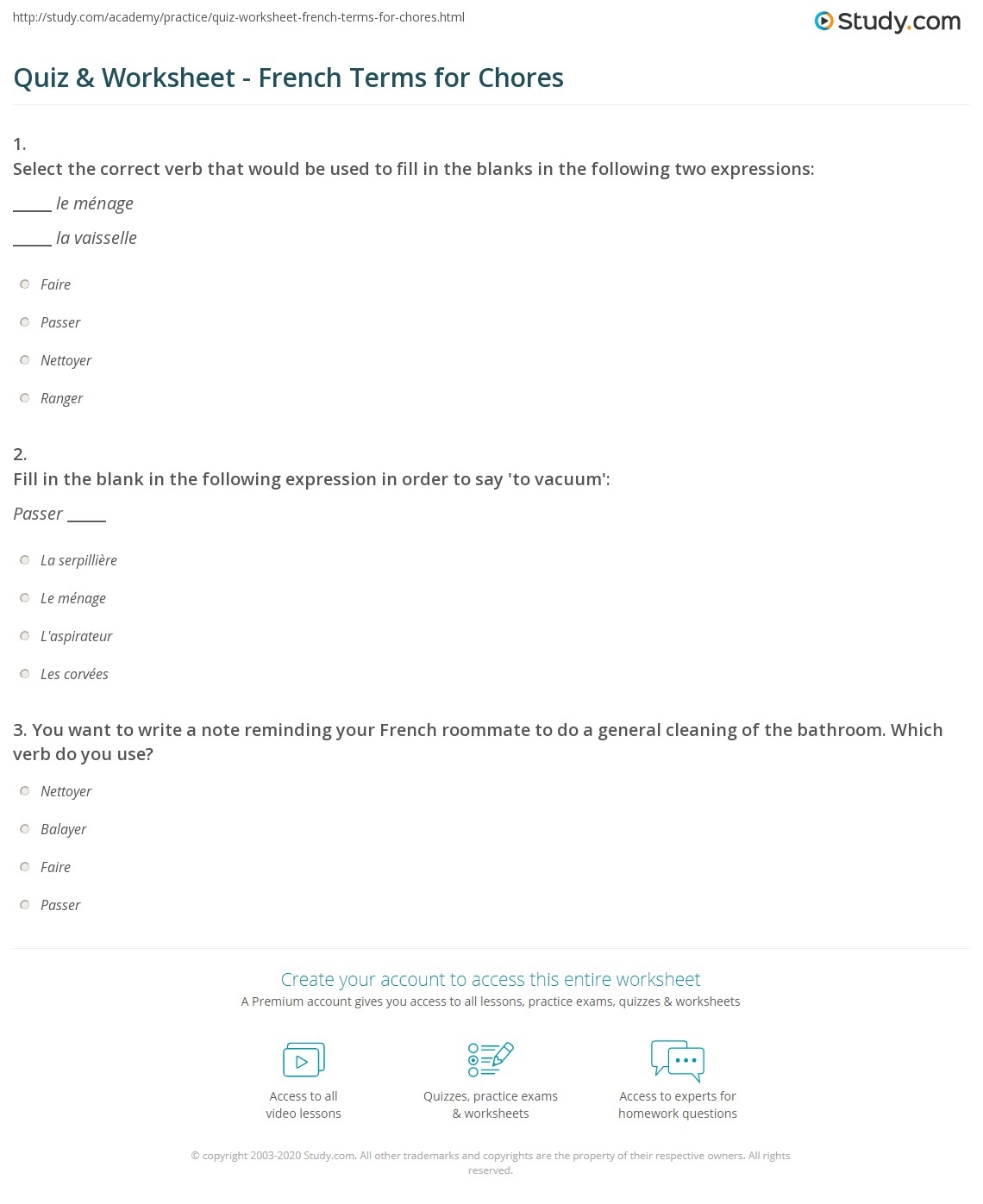 Quiz Worksheet French Terms For Chores Study Quiz Worksheet French Terms For Chores Study