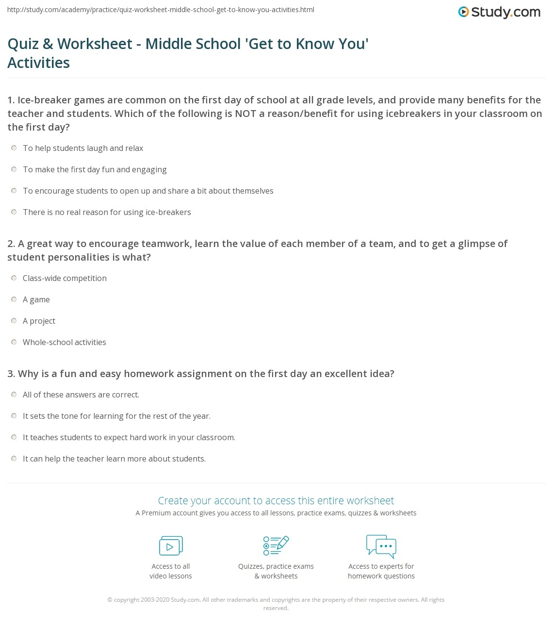 Quiz Worksheet Middle School Get To Know You Activities Study Quiz Worksheet Middle School Get To Know You Activities Study