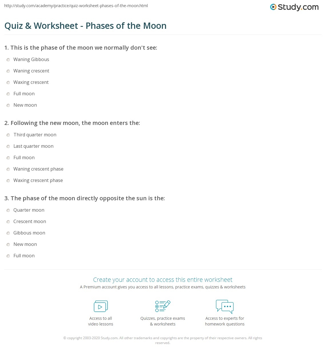 Quiz Worksheet Phases Of The Moon Study Quiz Worksheet Phases Of The Moon Study