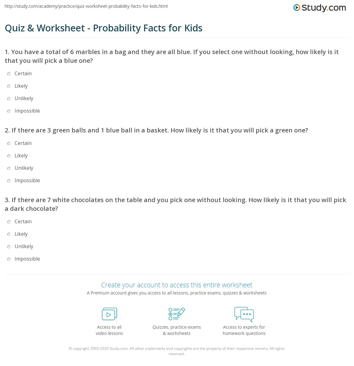 Quiz Worksheet Probability Facts For Kids Study