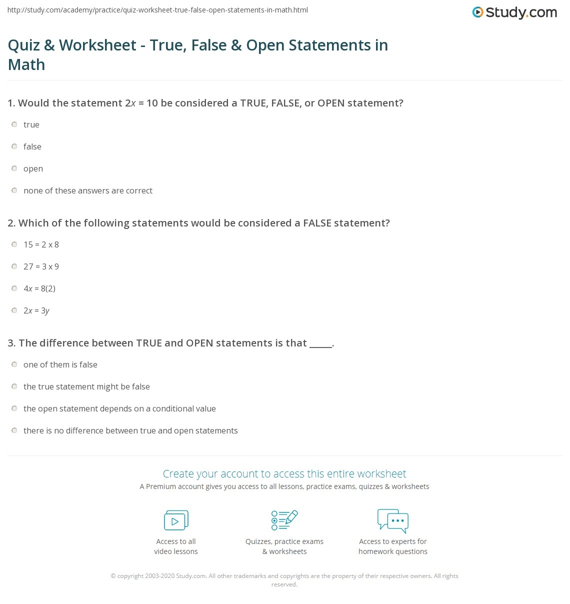 Quiz Worksheet True False Open Statements In Math Study Quiz Worksheet True False Open Statements In Math Study