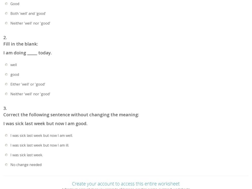 Quiz Worksheet Using Well Vs Good Study