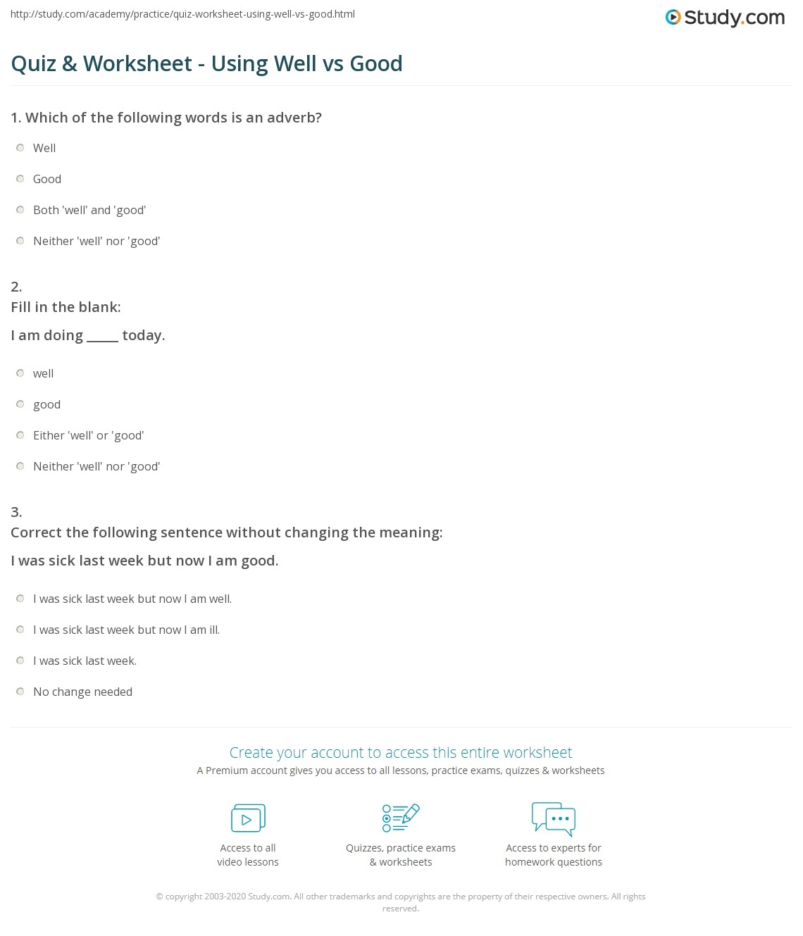 Quiz Worksheet Using Well Vs Good Study