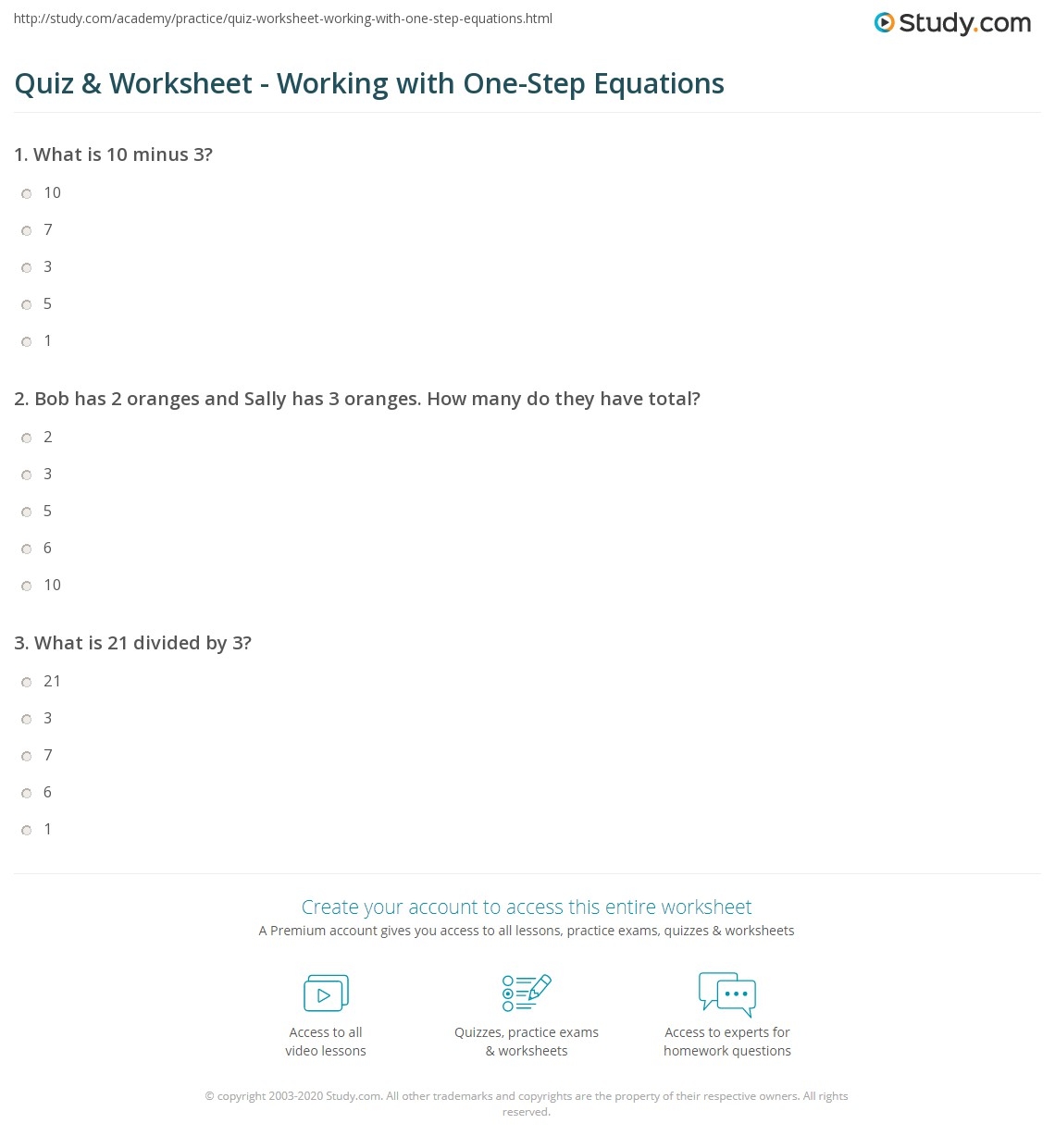 One Step Equations Quiz Printable