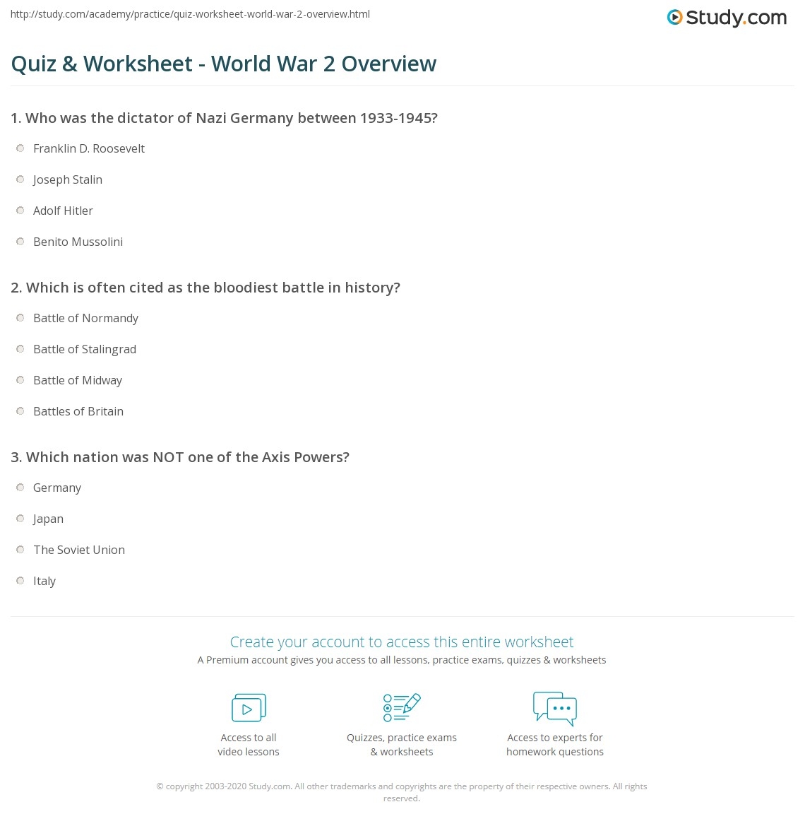 Quiz Worksheet World War 2 Overview Study Quiz Worksheet World War 2 Overview Study
