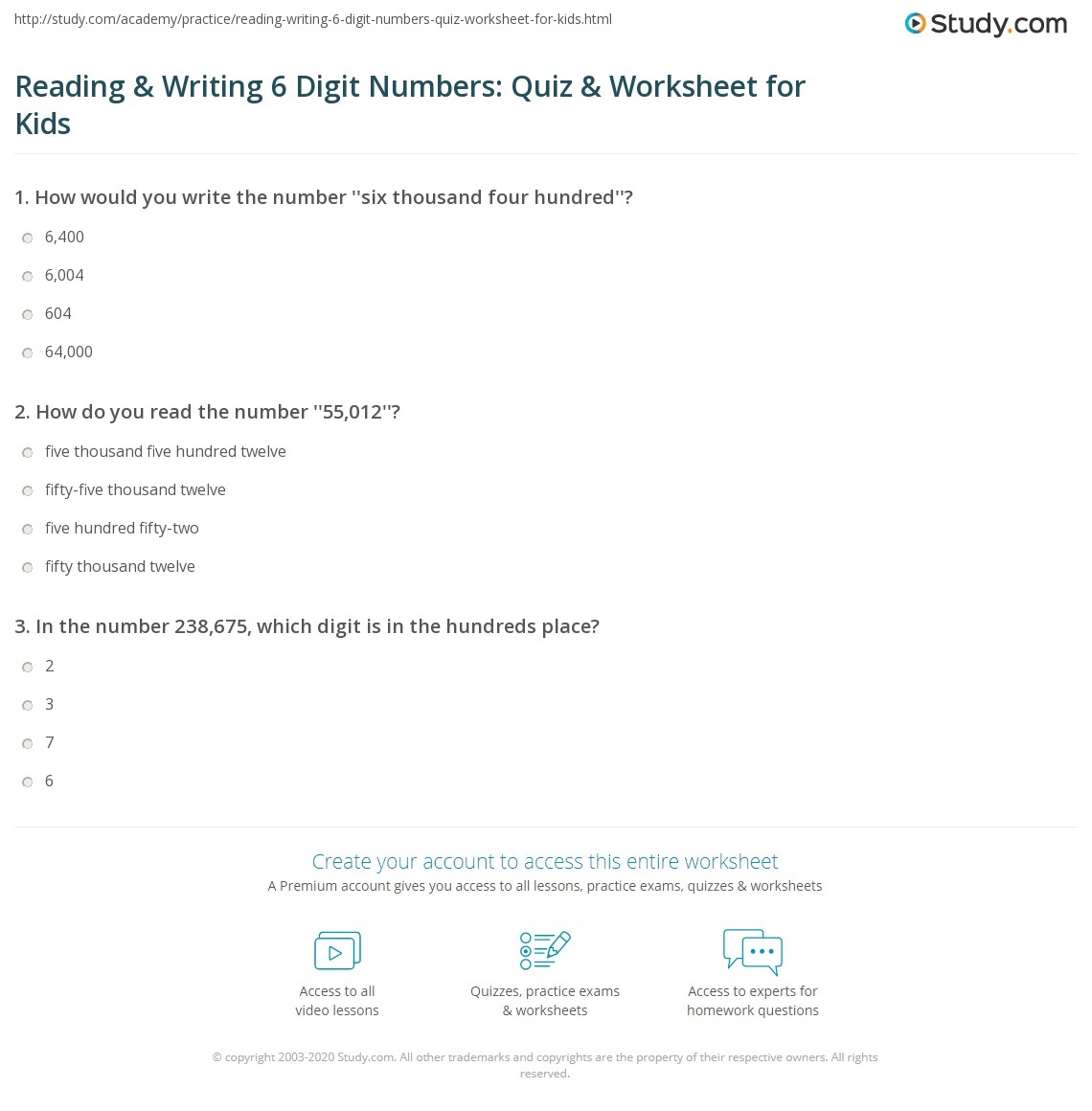 Reading Writing 6 Digit Numbers Quiz Worksheet For Kids Study Reading Writing 6 Digit Numbers Quiz Worksheet For Kids Study