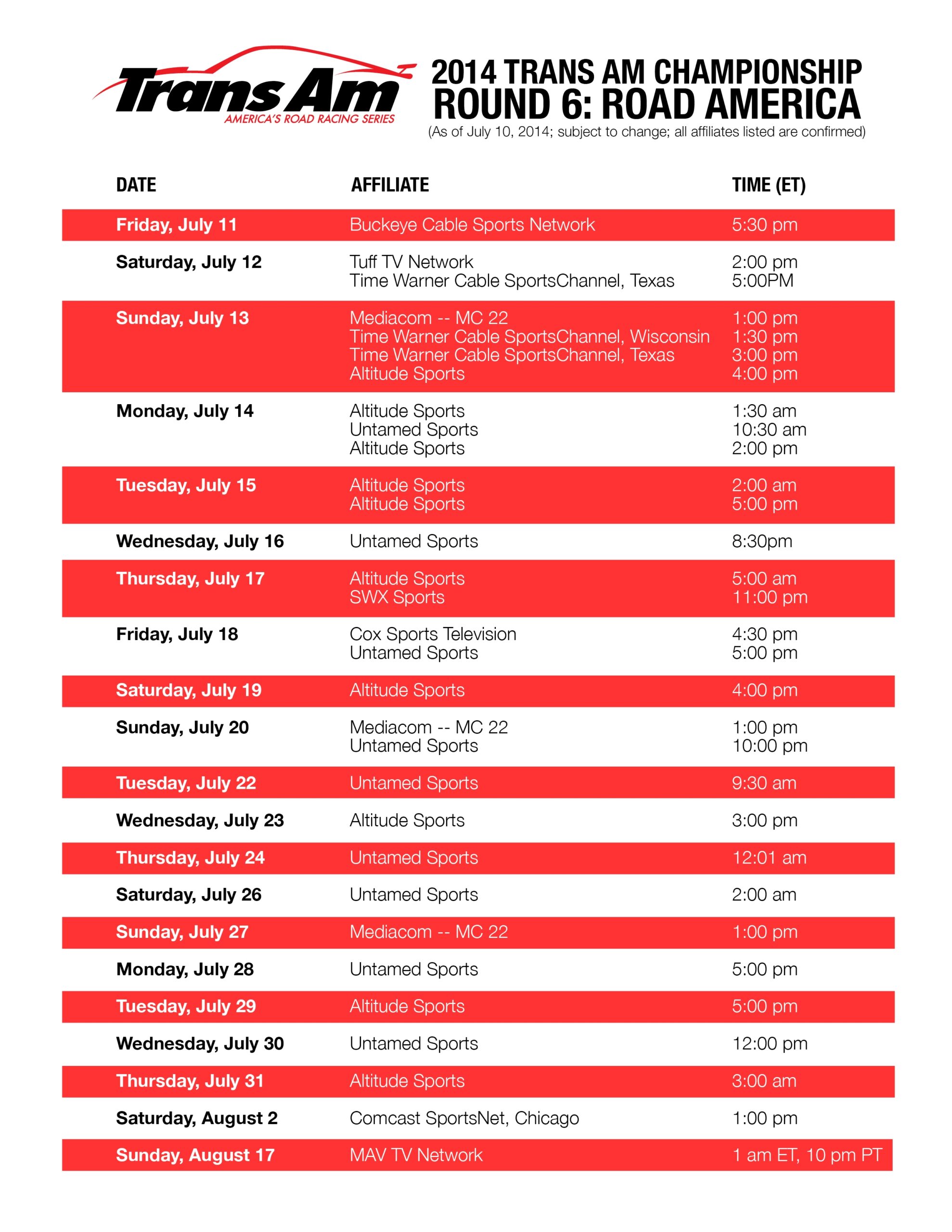 Road America Broadcast Times And Dates Road America Broadcast Times And Dates