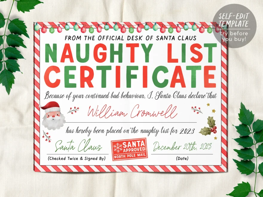 Santas Naughty List Certificate Editable Template Warning Letter From Puff Paper Co