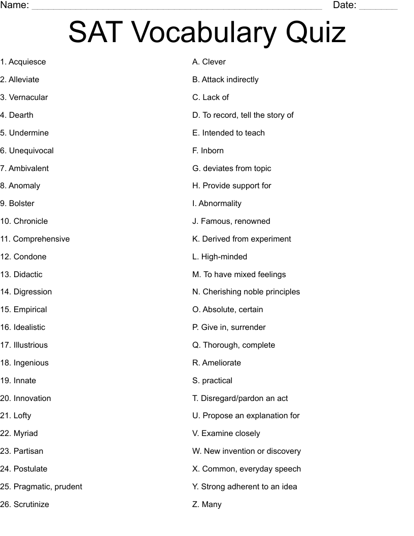 SAT Vocabulary Quiz Worksheet WordMint Worksheets Library