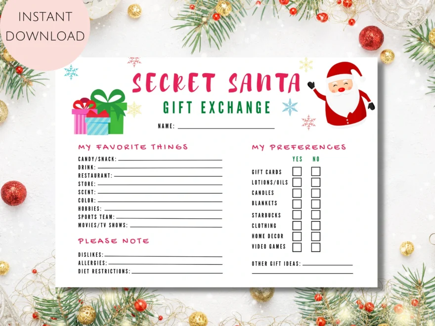 Secret Santa Questionnaire Printable Secret Santa Form Secret Santa For Work Secret Santa Printable Secret Santa Wish List Instant Download Etsy