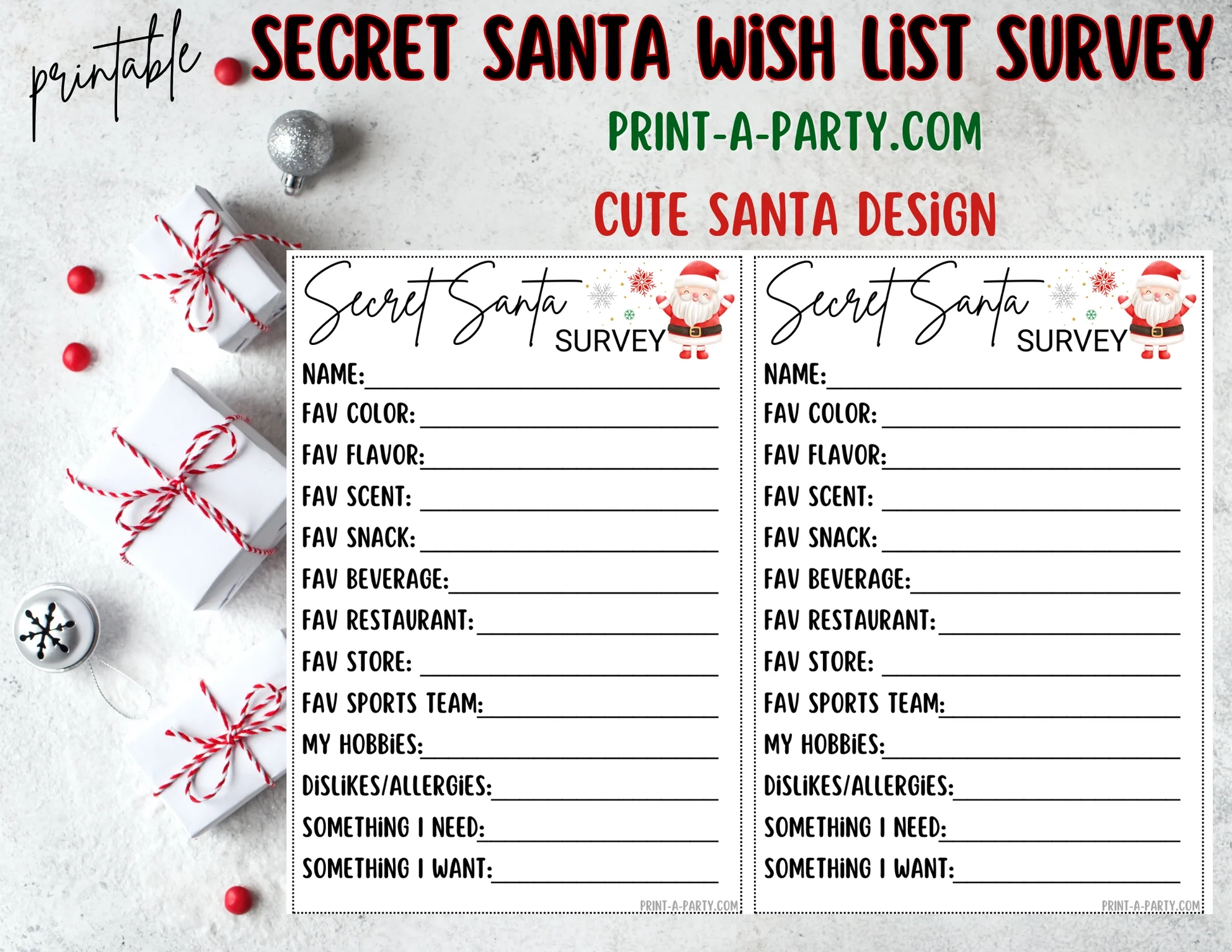SECRET SANTA SURVEY Printable Secret Santa Wish List Holiday Gift Ex PrintAParty SECRET SANTA SURVEY Printable Secret Santa Wish List Holiday Gift Ex PrintAParty