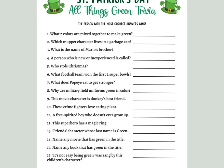 St Patricks Day Green Trivia Game Printable Activity Adults Kids Scribbled LLC
