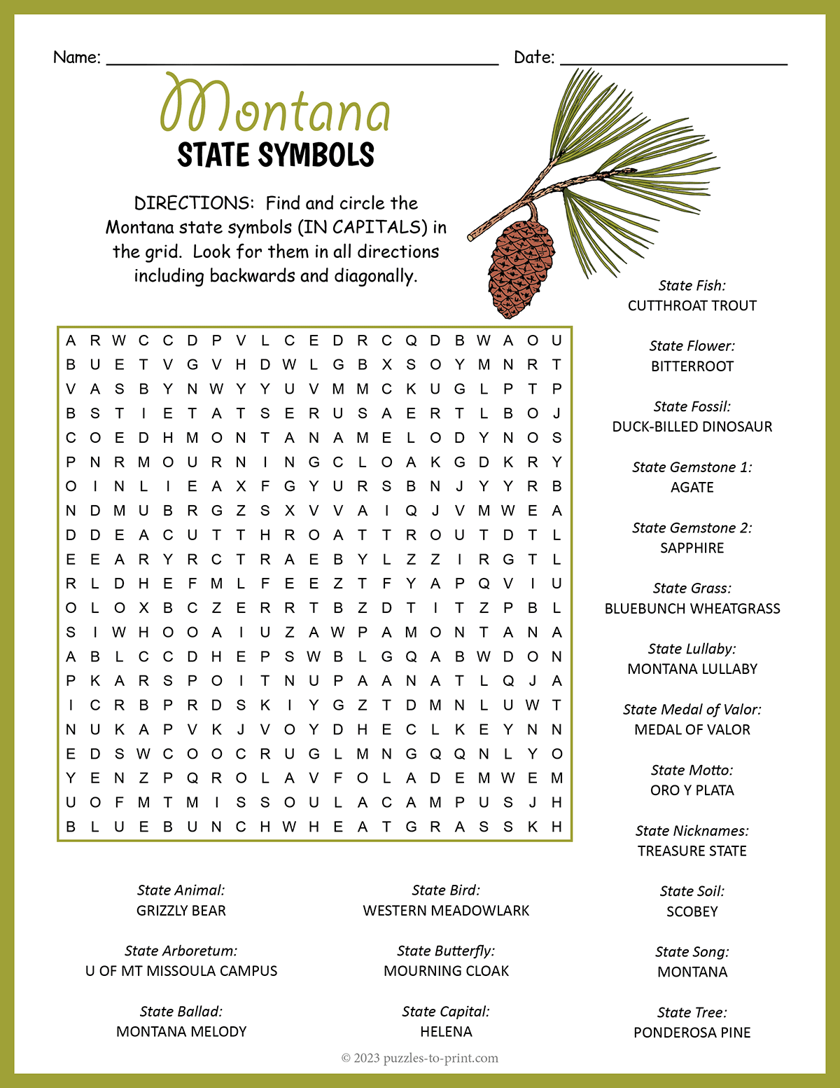 State Symbols Of Montana Word Search State Symbols Of Montana Word Search