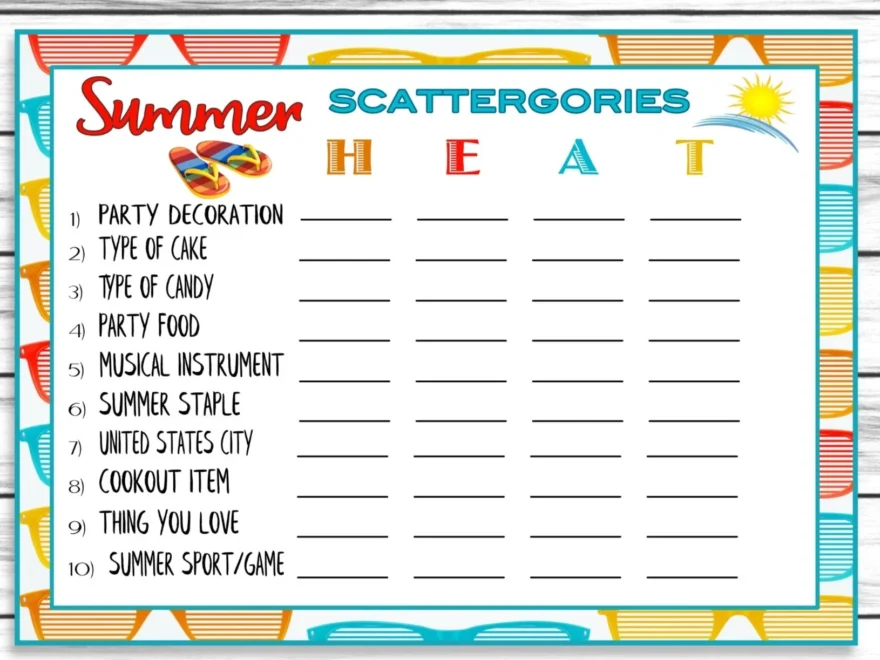 Summer Party Family Reunion Scattergories Game Printable Kids Activit Enjoymyprintables