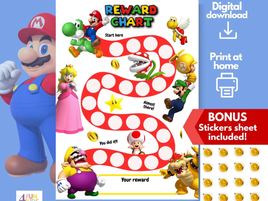 SUPER MARIO Reward Chart Printable Mario Behavior Chart Daily Chore Chart Kids Routine Sticker Chart Super Mario Reward Chore Chart Etsy