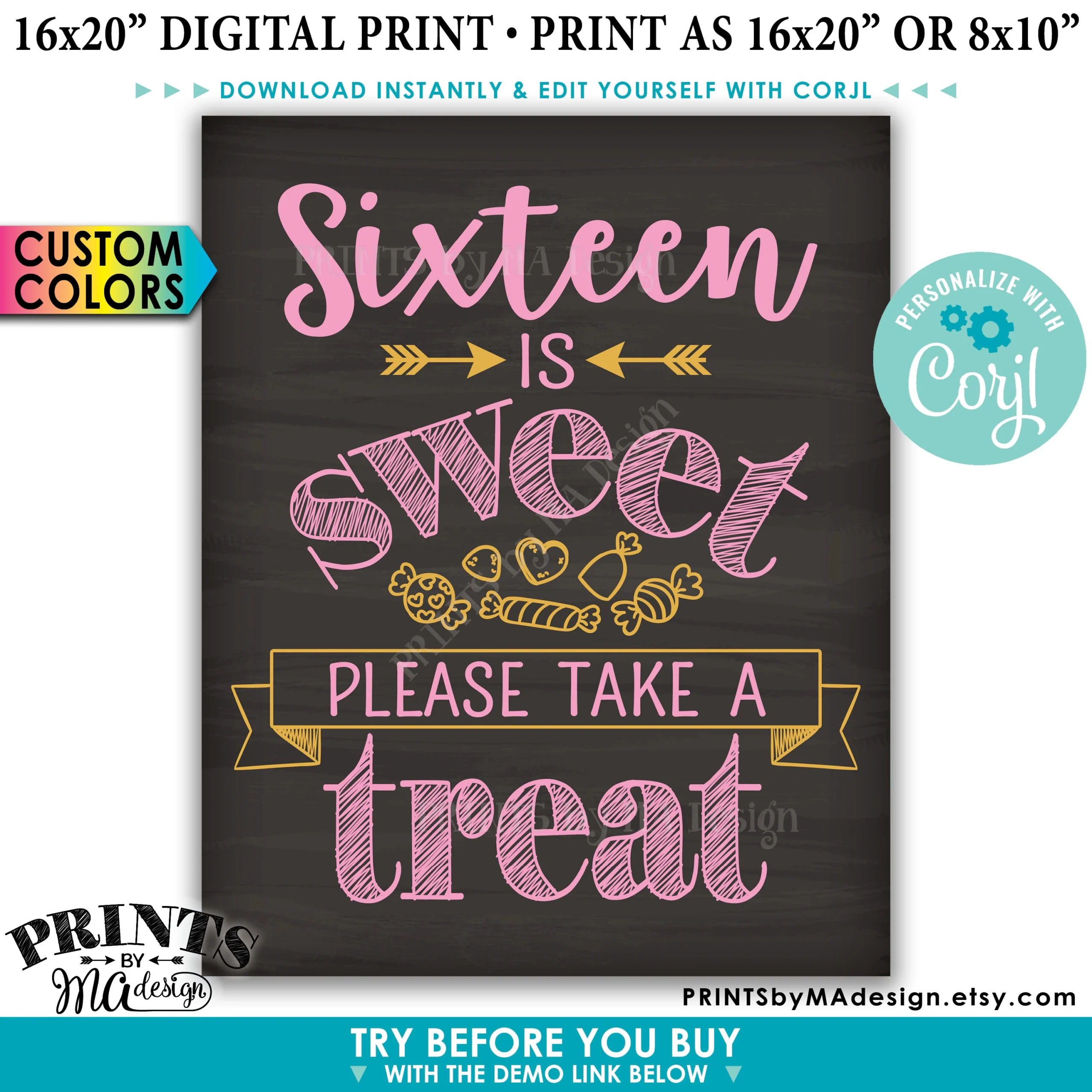 Sweet 16 Birthday Party Sign Sixteen Is Sweet Please Take A Treat PRINTABLE Chalkboard Style Candy Sign