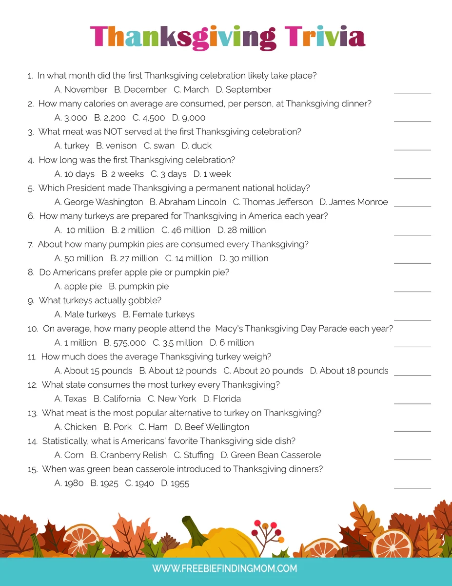 Printable Thanksgiving Trivia Quiz