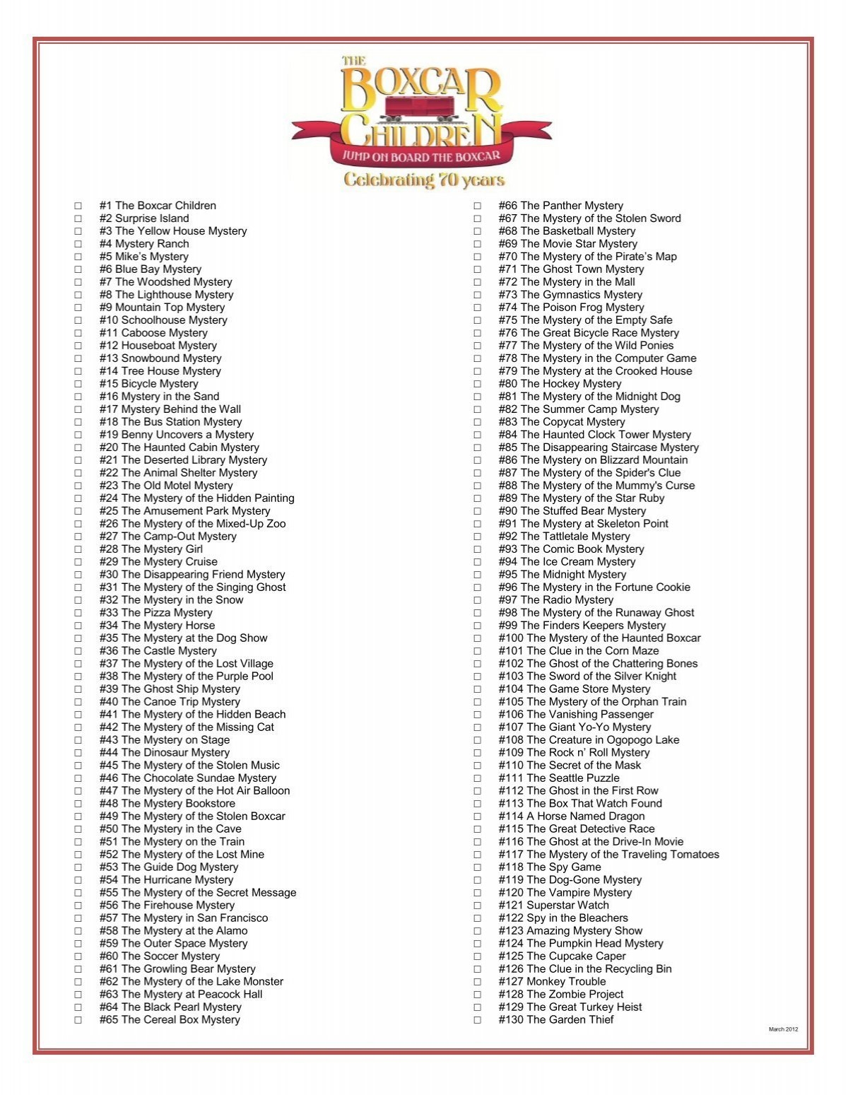 The Boxcar Children Checklist The Boxcar Children Checklist