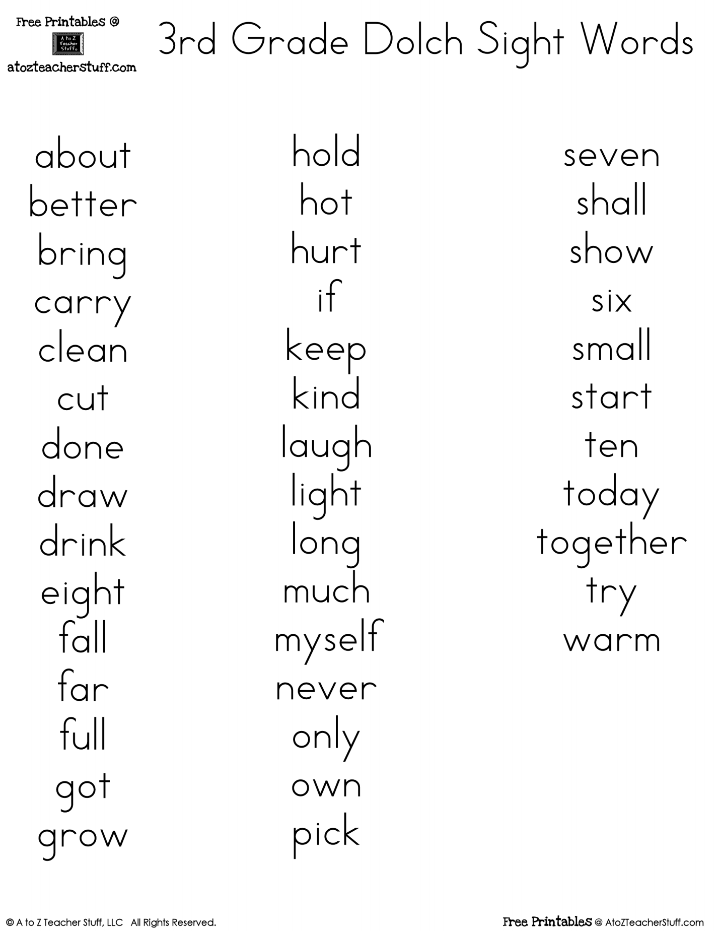 Third Grade Dolch Sight Word Printables A To Z Teacher Stuff Printable Pages And Worksheets