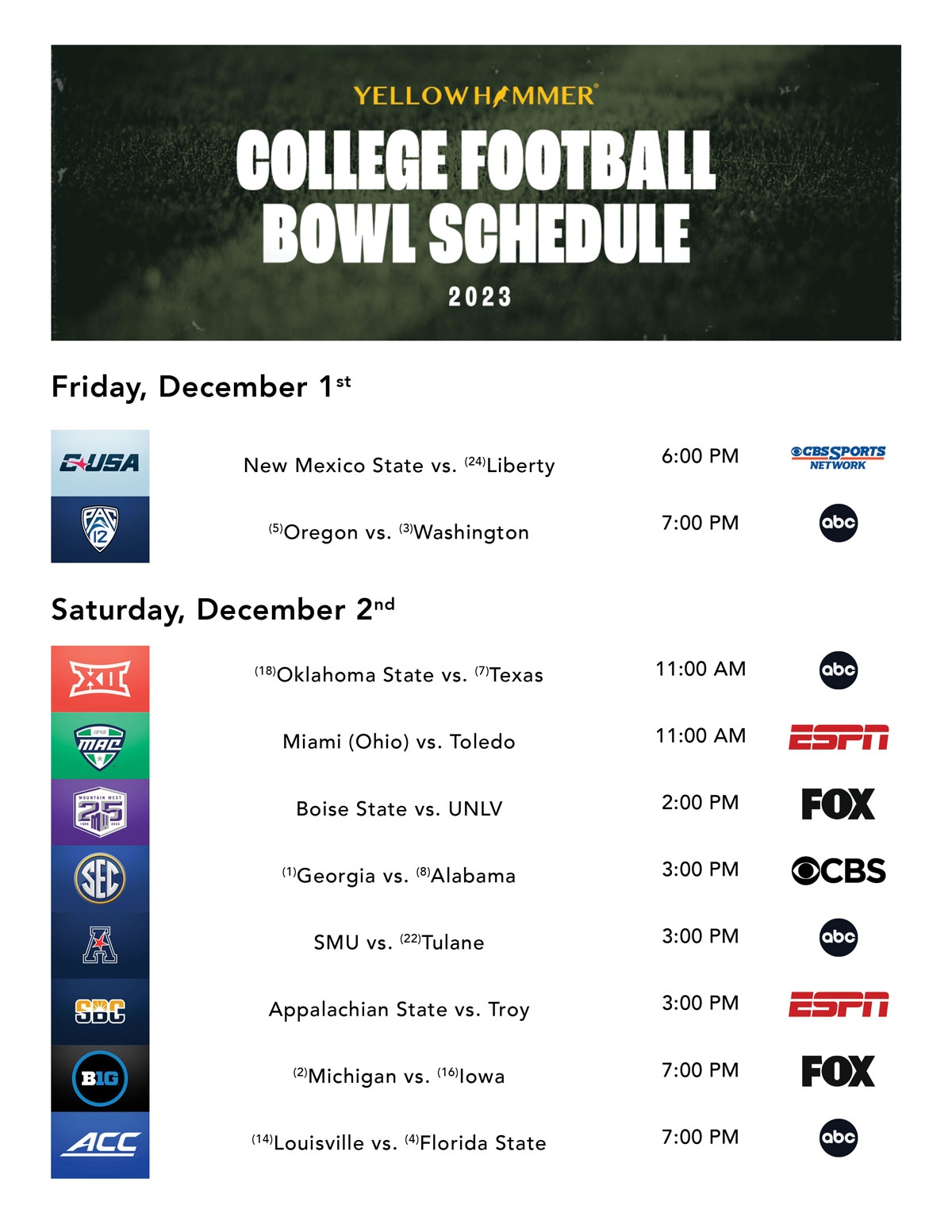 Printable Tv Bowl Schedule