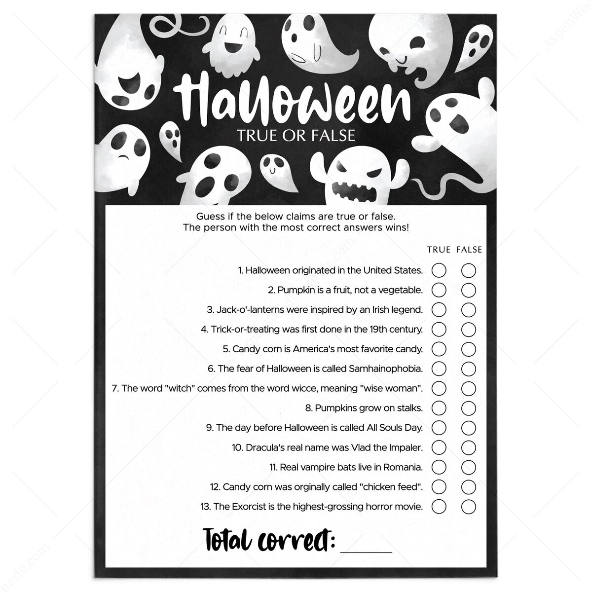 True Or False Halloween Quiz For Kids And Adults Printable Game True Or False Halloween Quiz For Kids And Adults Printable Game