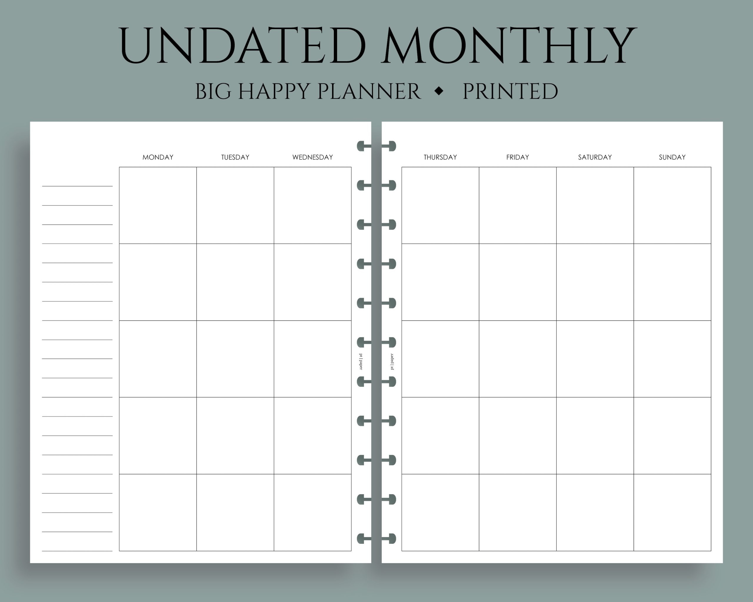 Undated Monthly Calendar Monday Start PT Paper
