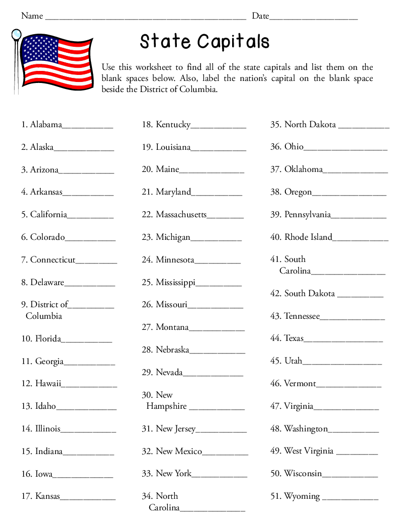 State Capital Printable Quiz