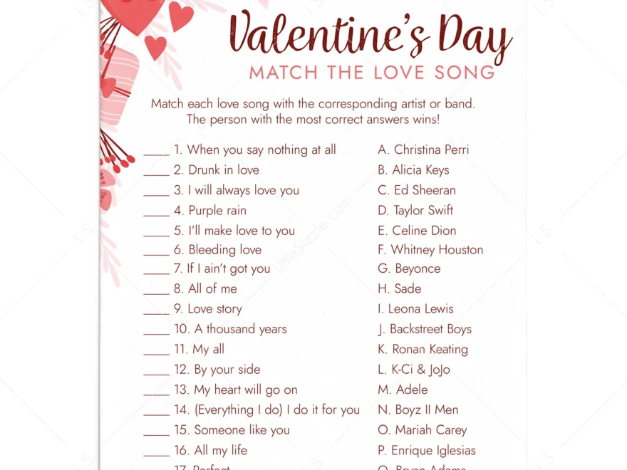 Valentine s Day Love Song Trivia With Answers Printable LittleSizzle