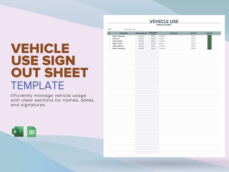 Vehicle Use Sign Out Sheet Template In Excel Google Sheets Download Template