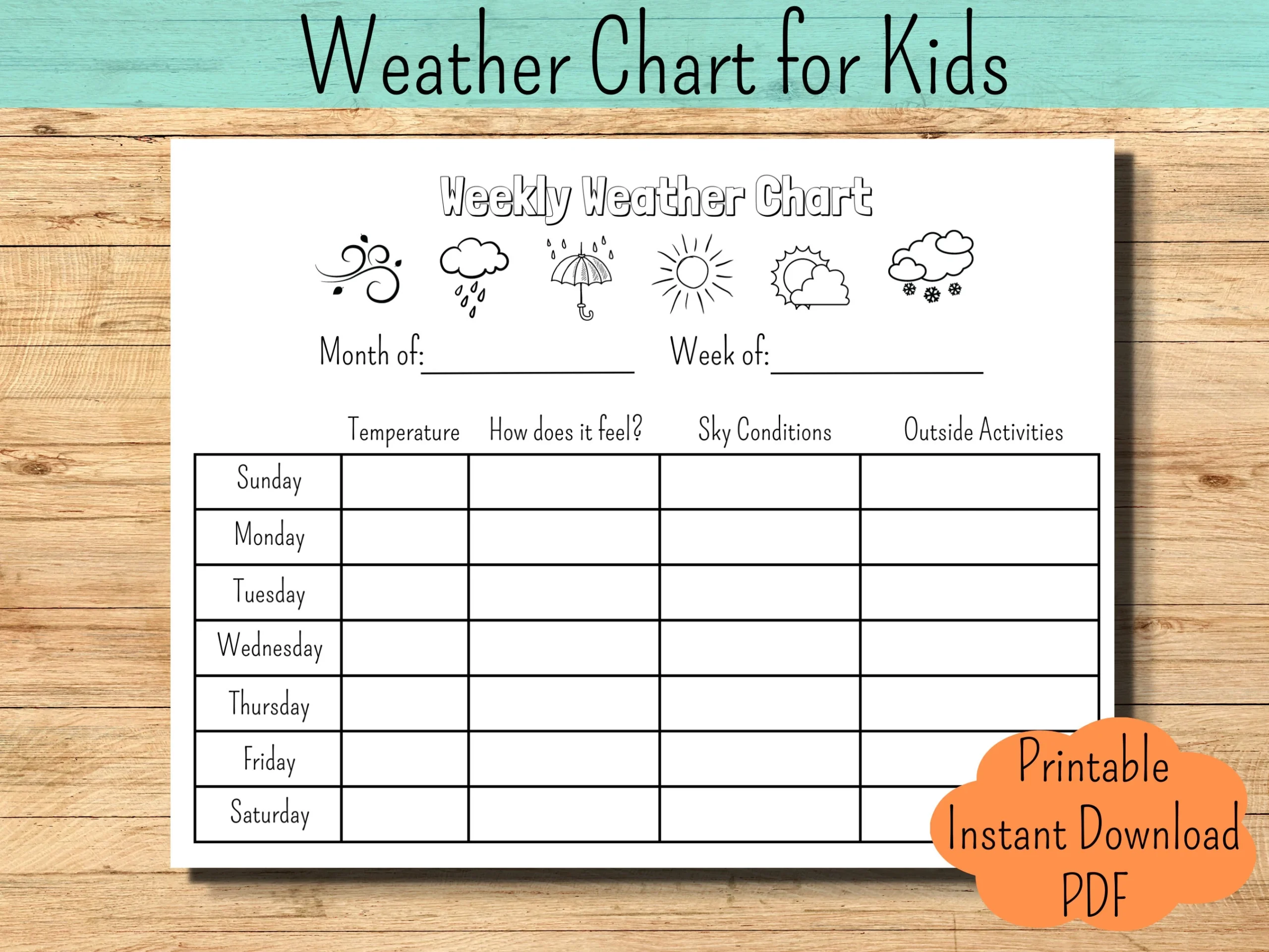 Weather Tracker Printable Weekly Weather Tracker Weather Chart Kids Weather Worksheet Science Weather Report Classroom Weather Chart Etsy