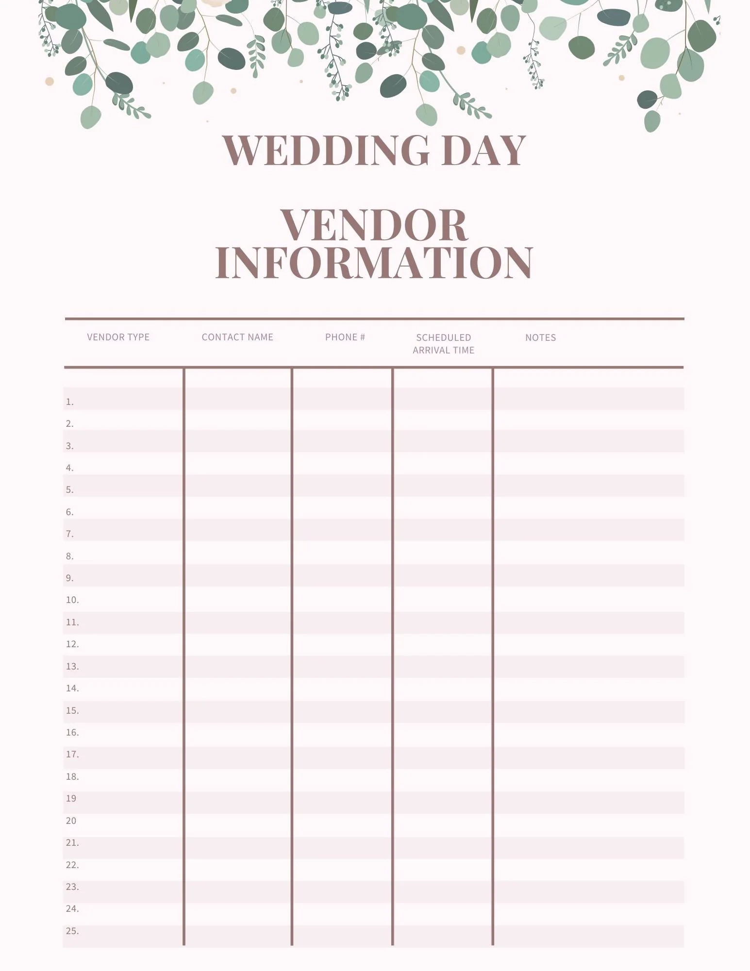 Wedding Vendor List Printable