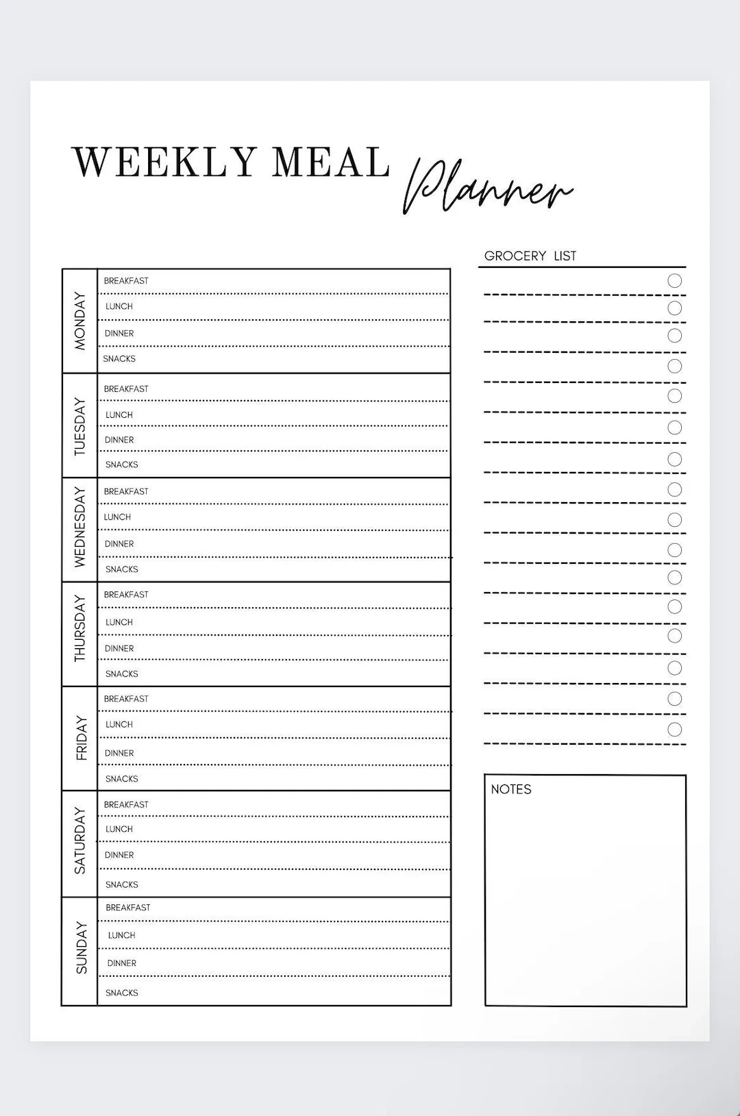 Weekly Meal Planner Grocery List Printable