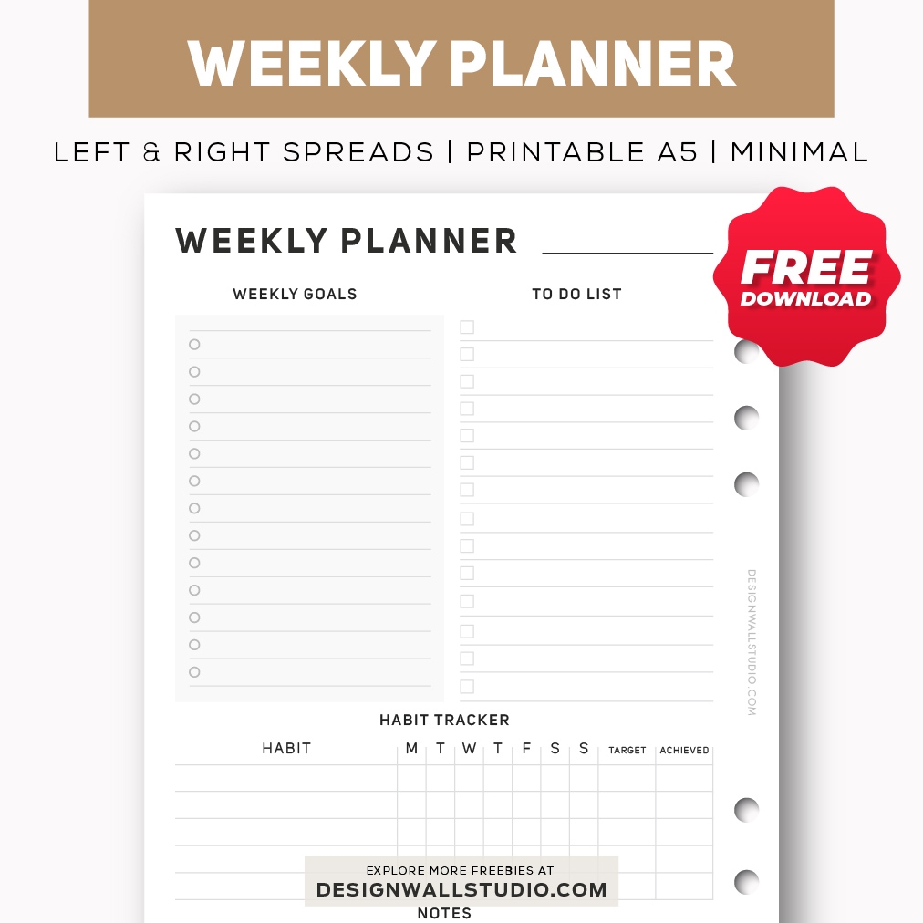 Weekly Planner Printable Insert A5 Free PDF Download Two Page Layout 4 Versions