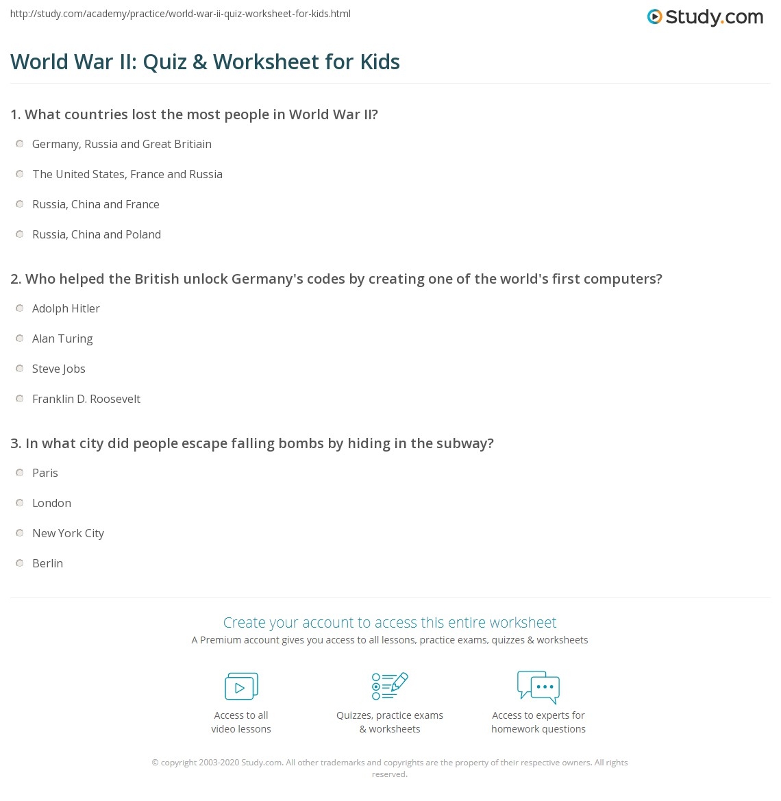 World War II Quiz Worksheet For Kids Study World War II Quiz Worksheet For Kids Study