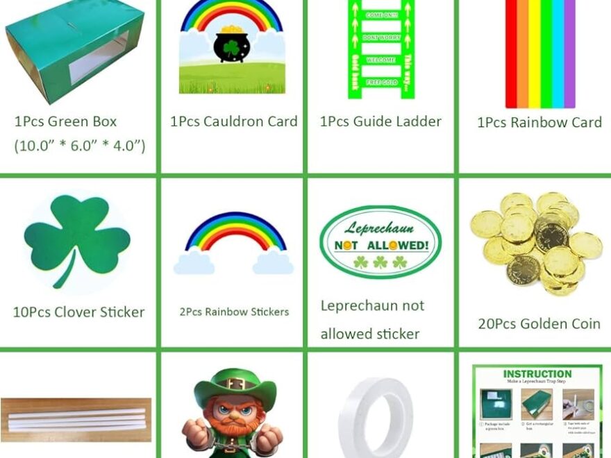 XWT St Patricks Day Decorations DIY To Catch A Leprechaun Trap Set Include 10Pcs Green A4 Paper 50Pcs Golden Coin 100Pcs Plush Metal Strip 1Pcs Plastic Cauldron 1Pcs Tape 02 Amazon sg Toys