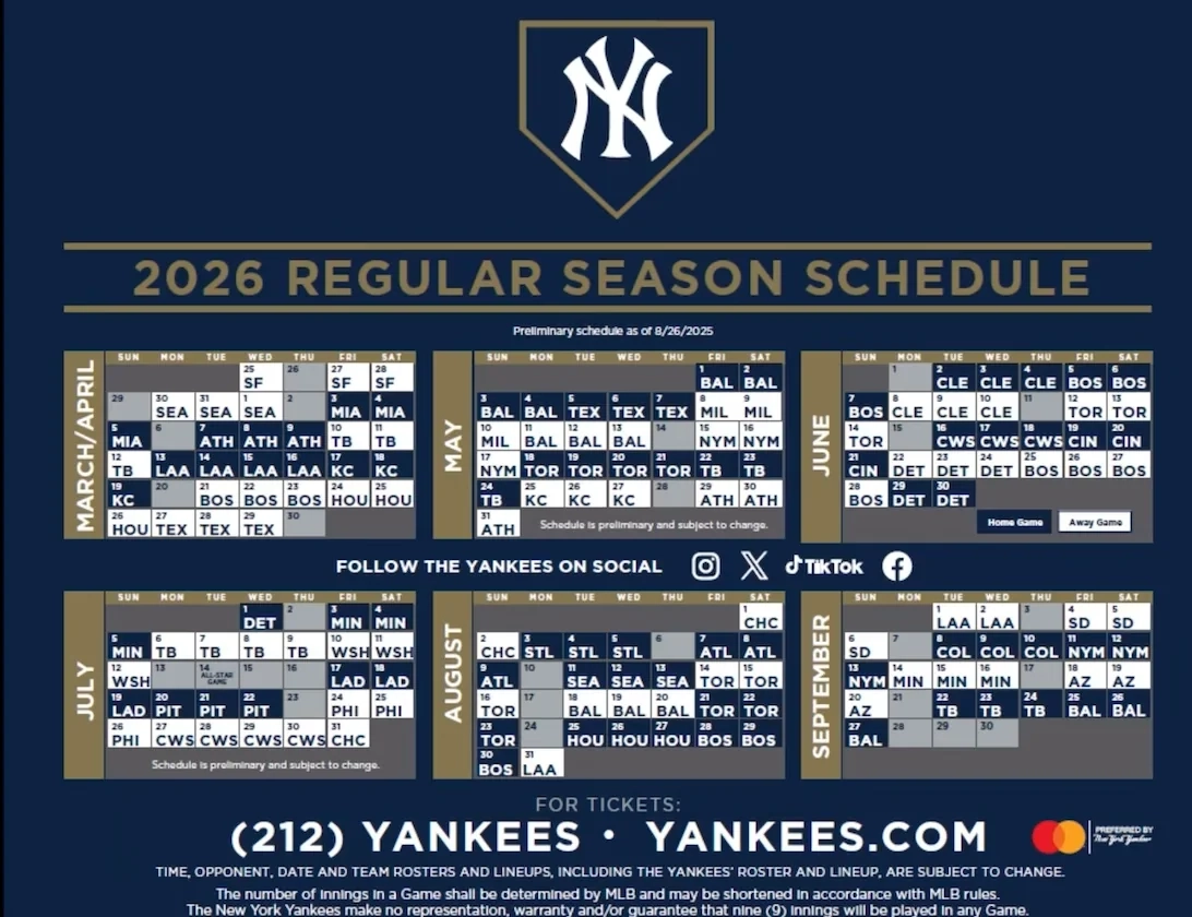 Yankees 2026 Schedule R NYYankees