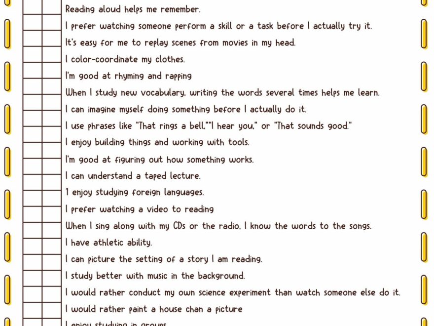 13 Learning Styles Inventory Worksheet