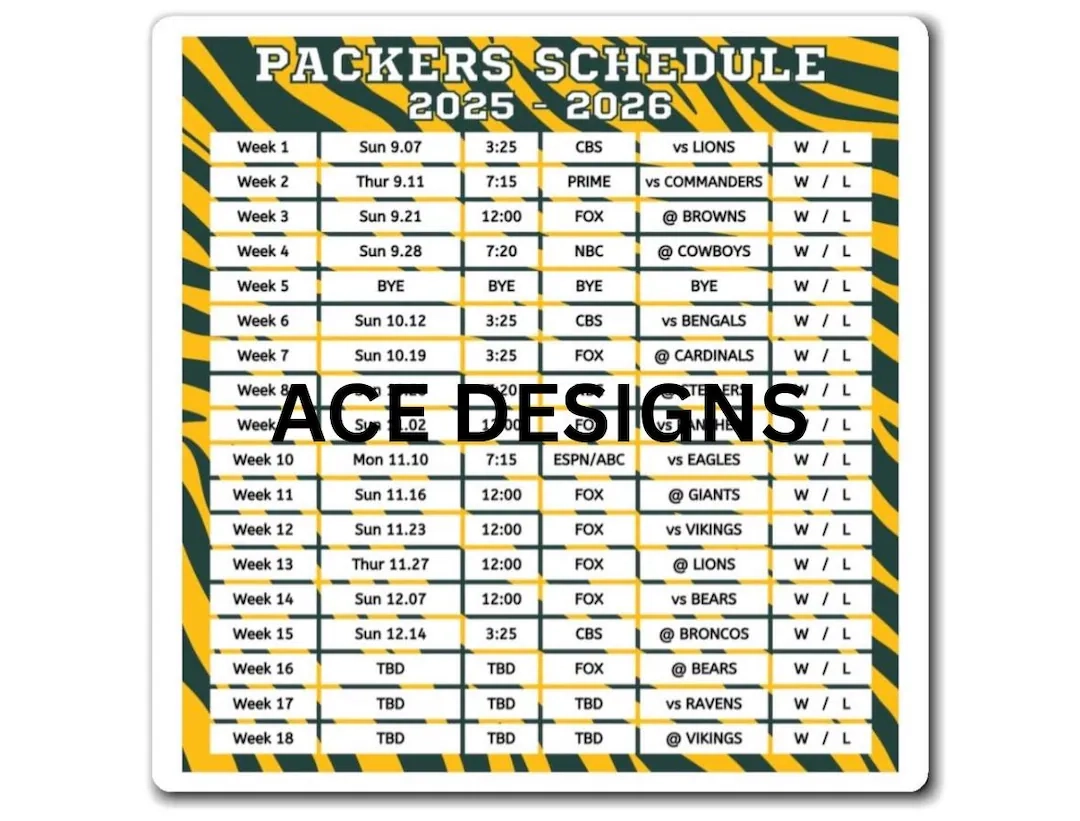 Green Bay Packers Printable Schedule 2025-2026