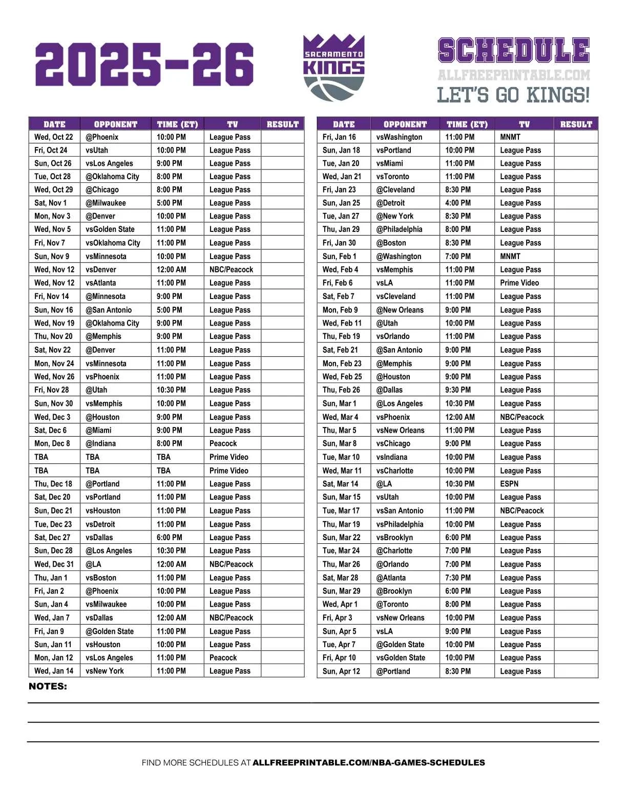 2025 26 Sacramento Kings Schedule Free Printable