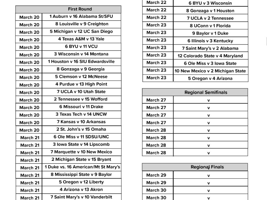 2025 Men s College Basketball Tournament Free Printable Schedule With Second Round Games FanDuel Research