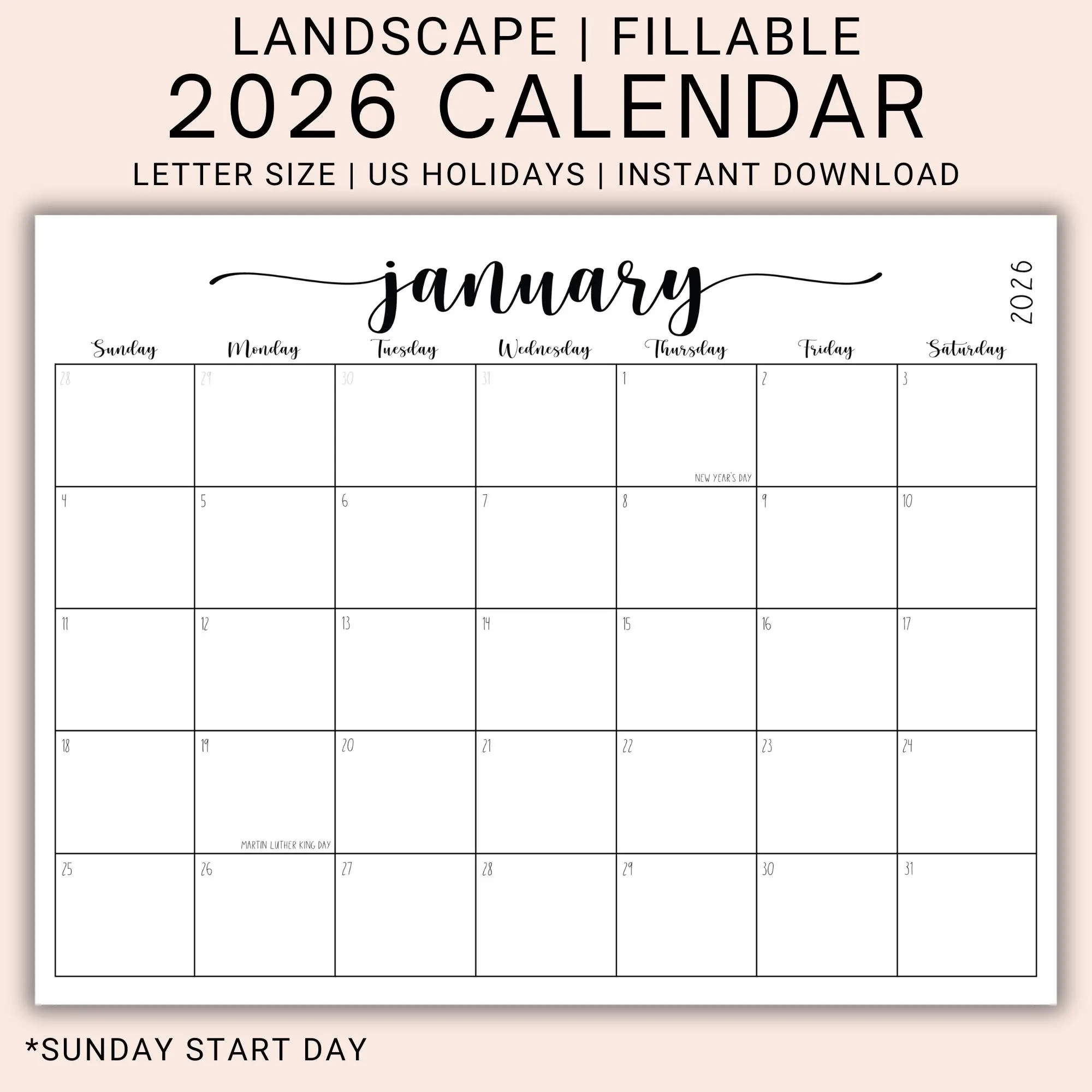 2026 Editable Calendar PDF Fillable Monthly Planner Pages Landscape Layout Printable Schedule Organizer Digital Download CFWNH Etsy